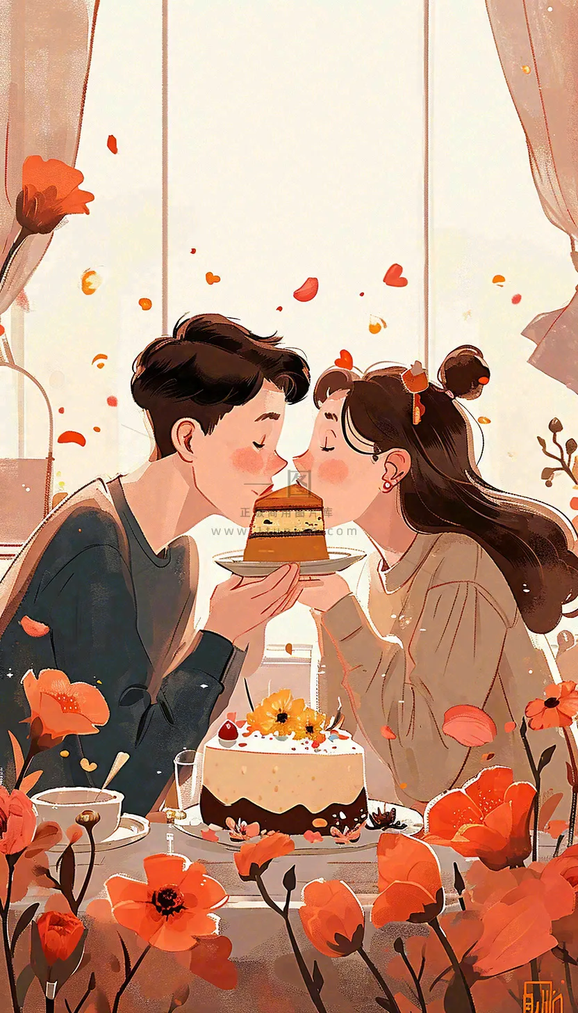 情人节情侣浪漫圣诞节日温馨生日会，插画手绘，居家餐厅美食