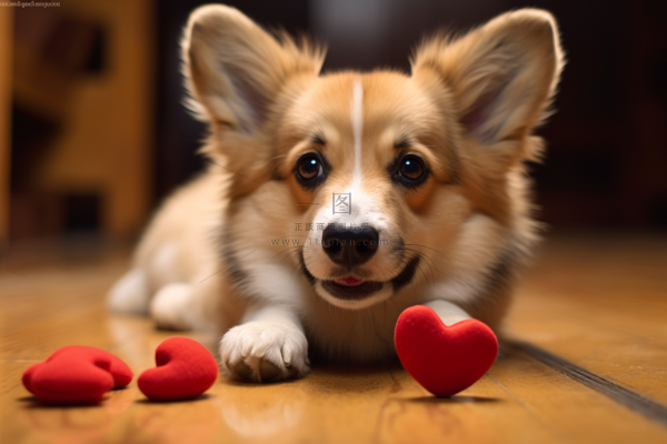 宠物狗柯基趴着木地板上面前还有红色爱心摄影图