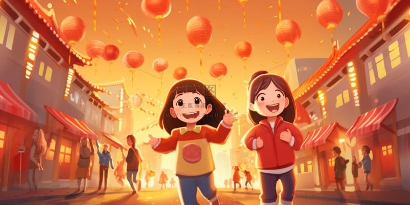新年除夕街上欢灯结彩孩子们追逐打闹迎接新年喜庆卡通插画背景 新年除夕街上欢灯结彩孩子们追逐打闹迎接新年喜庆卡通插画背景