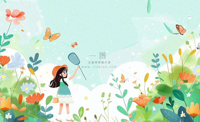 春天女孩在花丛里扑蝴蝶玩耍儿童节踏青春分插画背景