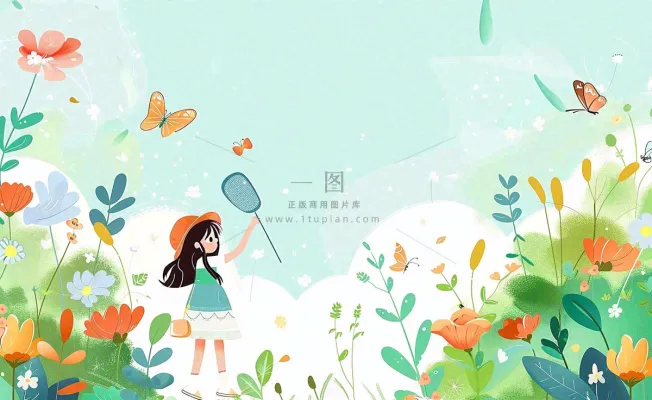 春天女孩在花丛里扑蝴蝶玩耍儿童节踏青春分插画背景