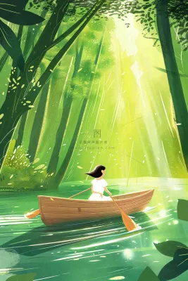 绿色森林少女划船春光波光闪烁春分插画卡通手绘处暑 绿色森林少女划船春光波光闪烁春分插画卡通手绘处暑