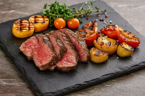 美味的煎牛排牛肉番茄土豆西餐美食摄影图