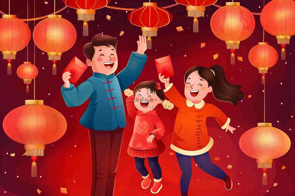 新年春节一家人出游红灯笼红包除夕元宵节红色卡通插画背景