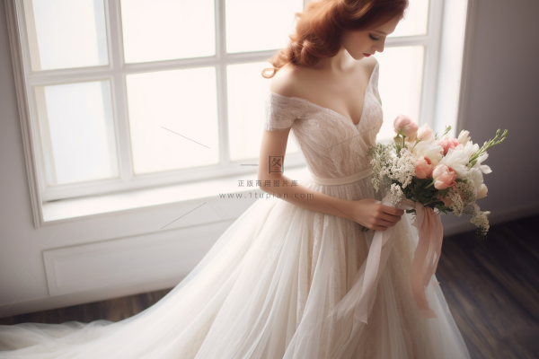 拿手捧花的新娘白色婚纱摄影图