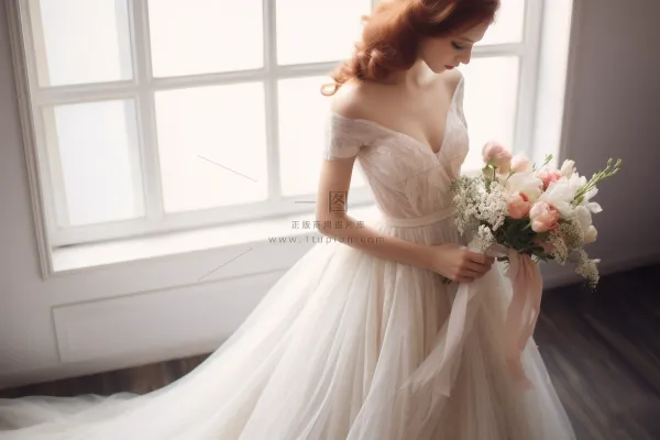 拿手捧花的新娘白色婚纱摄影图