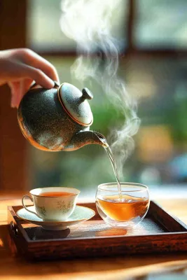 茶叶倒茶茶壶茶杯红茶摄影图