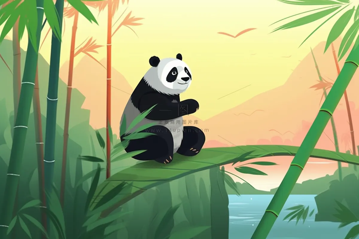 竹林大熊猫玩乐卡通插画背景