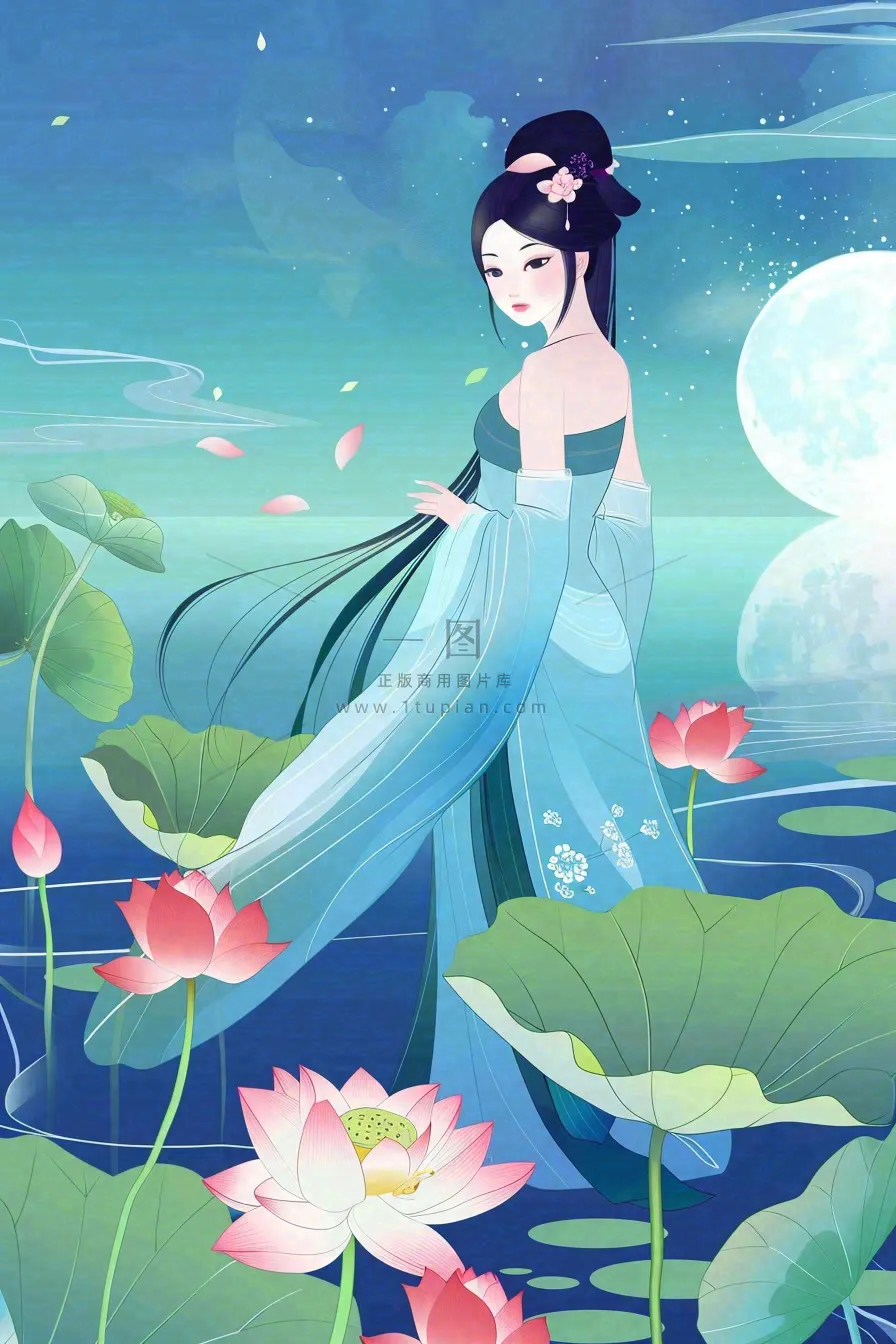 夏天古风国风古装少女荷花莲花池塘夜晚赏月夏至处暑中秋插画背景
