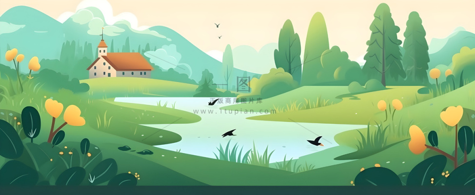 春夏森林山坡草地花草鸟绿植风景插画海报素材背景 春夏森林山坡草地花草鸟绿植风景插画海报素材背景