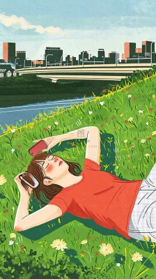 城市阳光蓝天白云人物在草地风景手绘插画，休闲