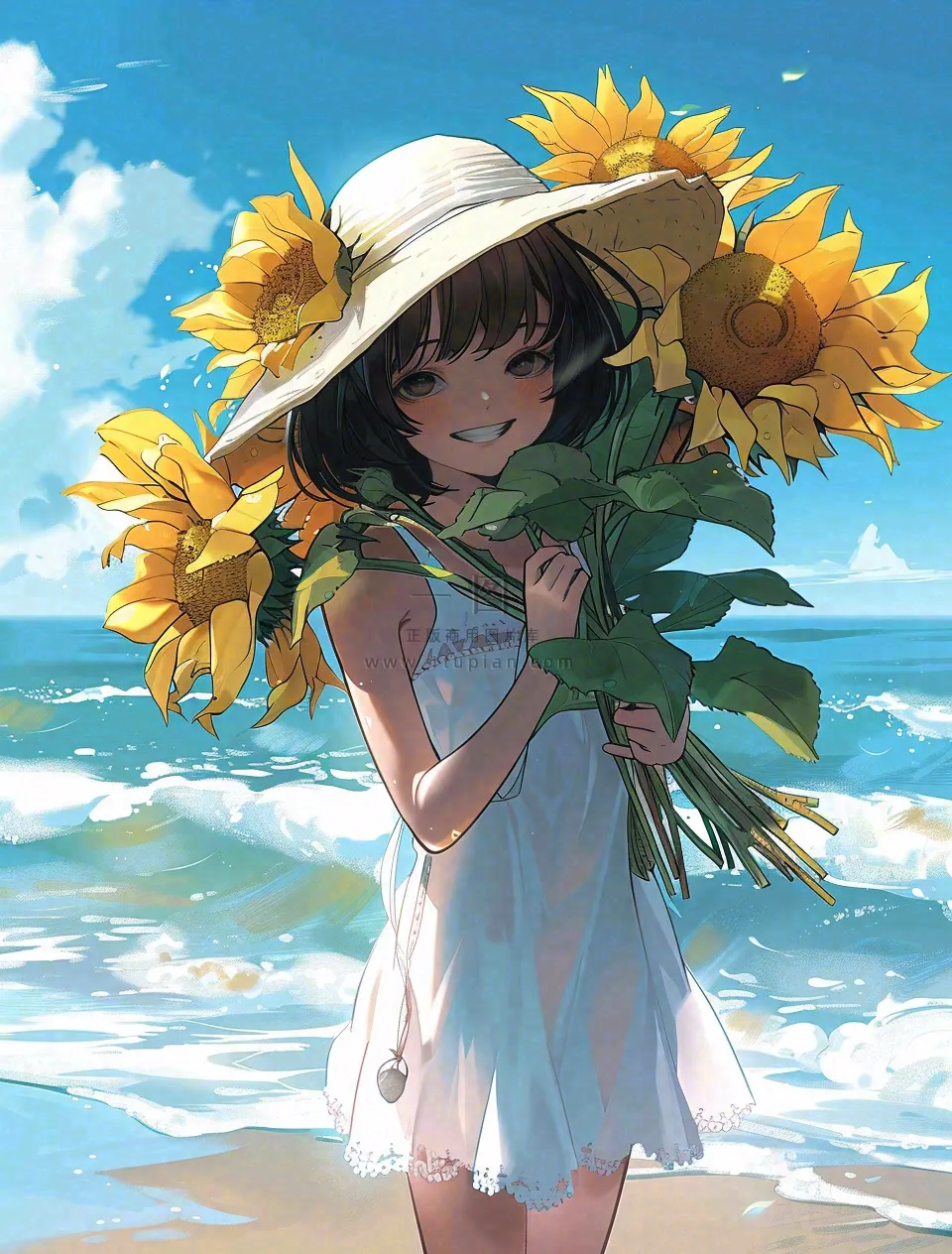 夏日海边女孩抱着一大束向日葵花束旅游游玩立夏夏至卡通插画背景