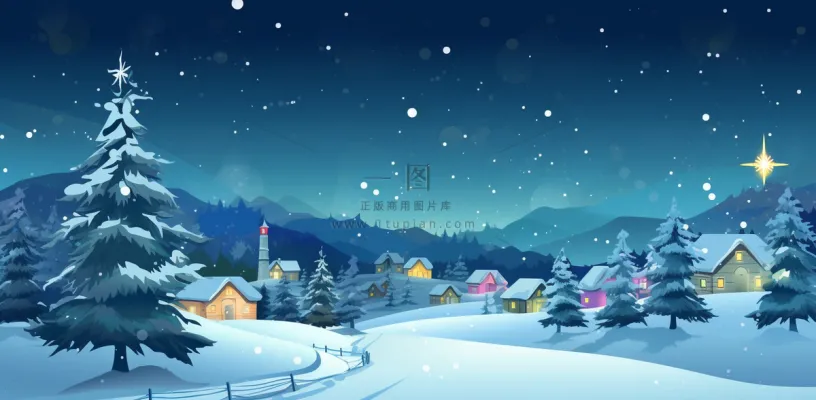 冬季雪天圣诞小镇装饰夜晚节日氛围卡通插画背景