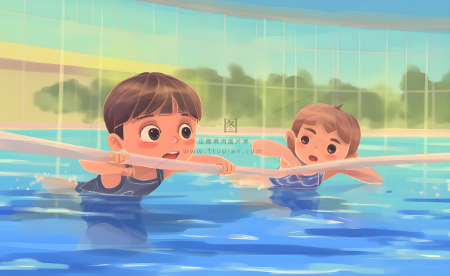 游泳池游泳儿童学生们玩乐蓝色卡通插画背景 游泳池游泳儿童学生们玩乐蓝色卡通插画背景