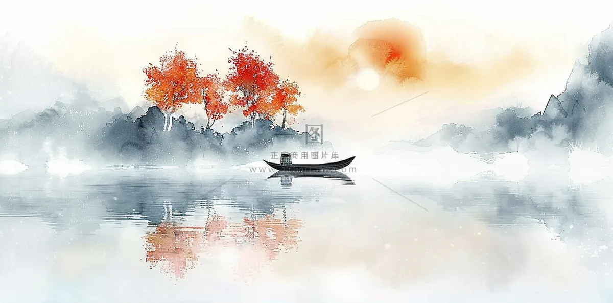 水墨山水画小船河面山川连绵国画插画背景