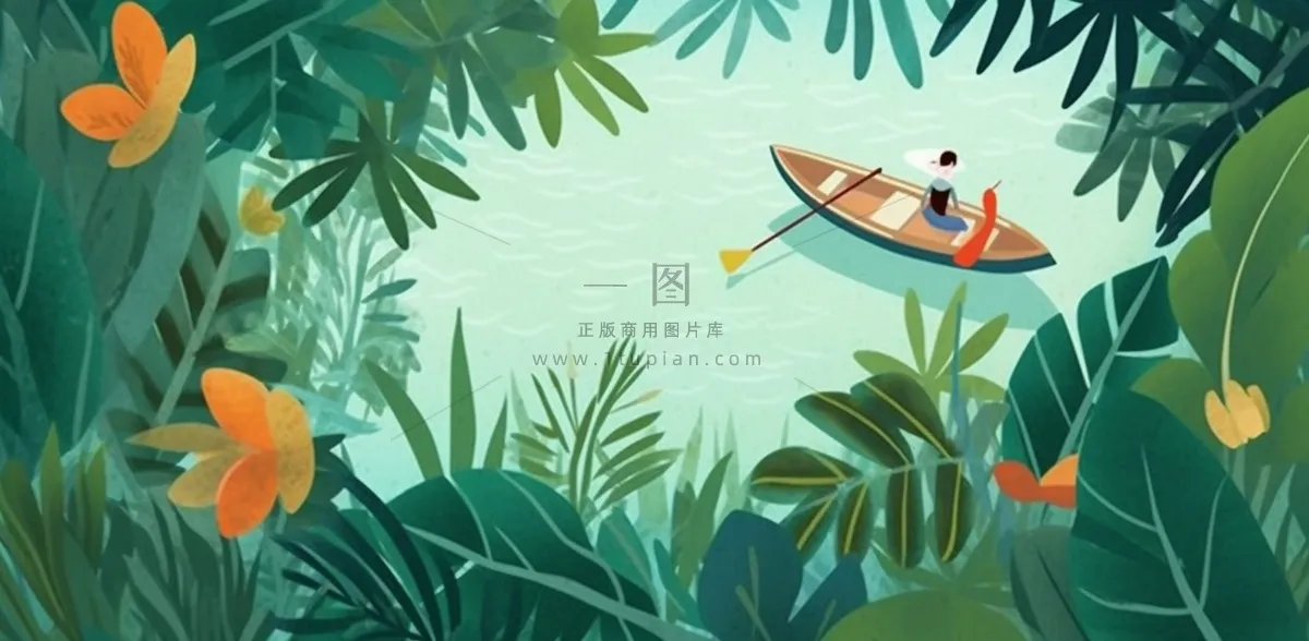卡通插画湖面植物划船游湖背景