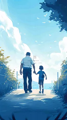 蓝天白云下父亲牵着手,父爱背影亲情伟大感恩 蓝天白云下父亲牵着手,父爱背影亲情伟大感恩