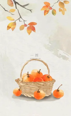 秋冬柿子树下的柿子水果霜降插画背景 秋冬柿子树下的柿子水果霜降插画背景