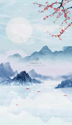 中国风山水秋冬柿子树霜降插画背景 中国风山水秋冬柿子树霜降插画背景