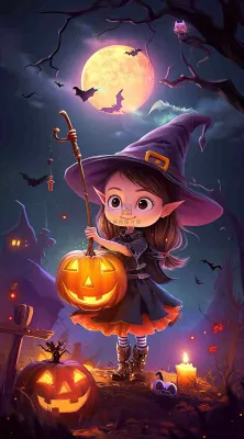 万圣节夜晚黑色南瓜恐怖卡通小鬼手绘插画