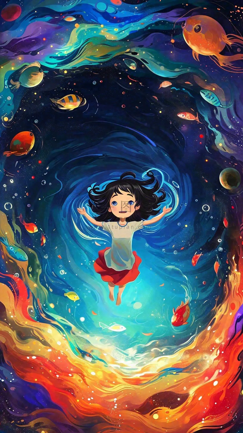 炫酷浪漫海洋海底水底可爱女孩手绘插画，鱼类水母生物
