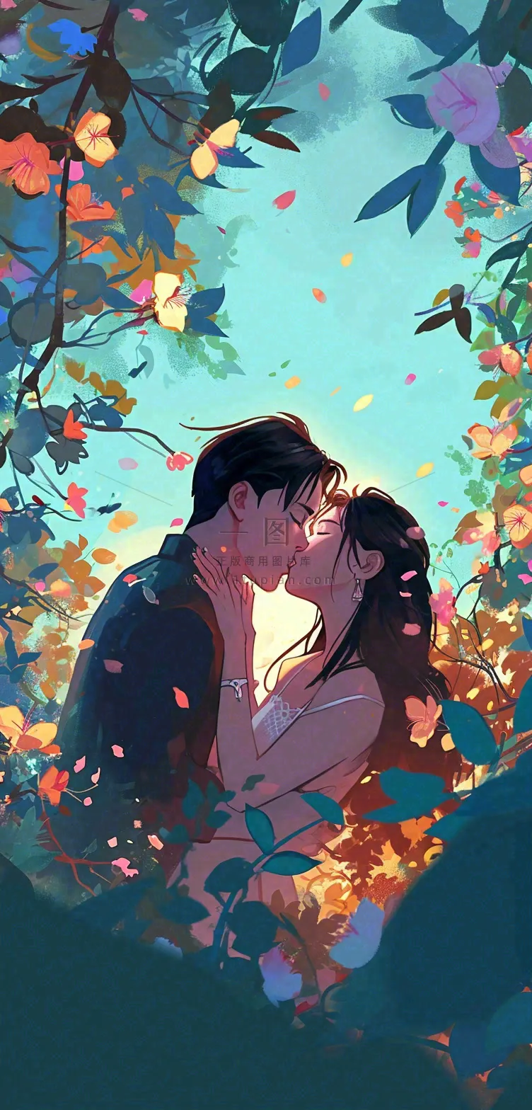 森林花丛里情侣拥抱亲吻爱情手绘插画,情人节