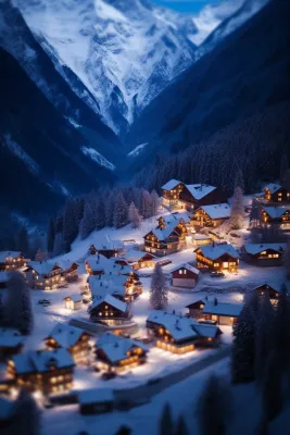 雪山下的小镇灯火通明摄影图