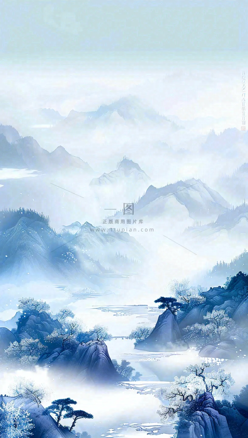 冬天白雪覆盖寒冷唯美雪景小寒插画背景