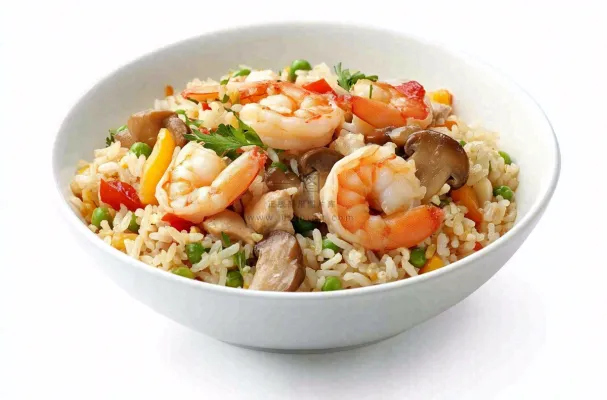 虾仁时蔬炒饭蘑菇美食摄影图