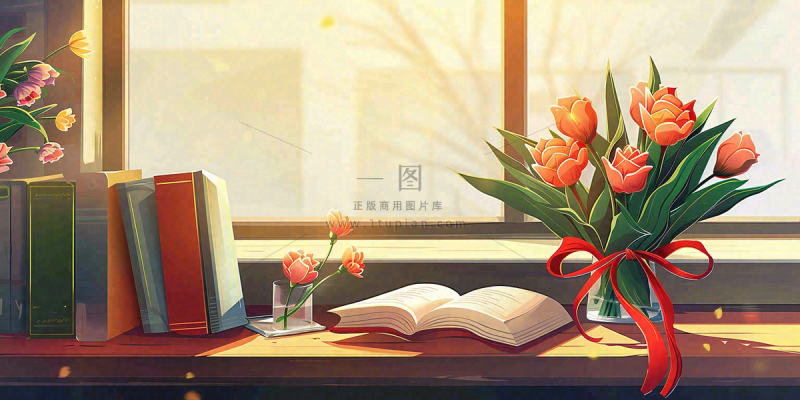 教师节办公桌窗边课本花束温馨唯美插画背景 教师节办公桌窗边课本花束温馨唯美插画背景