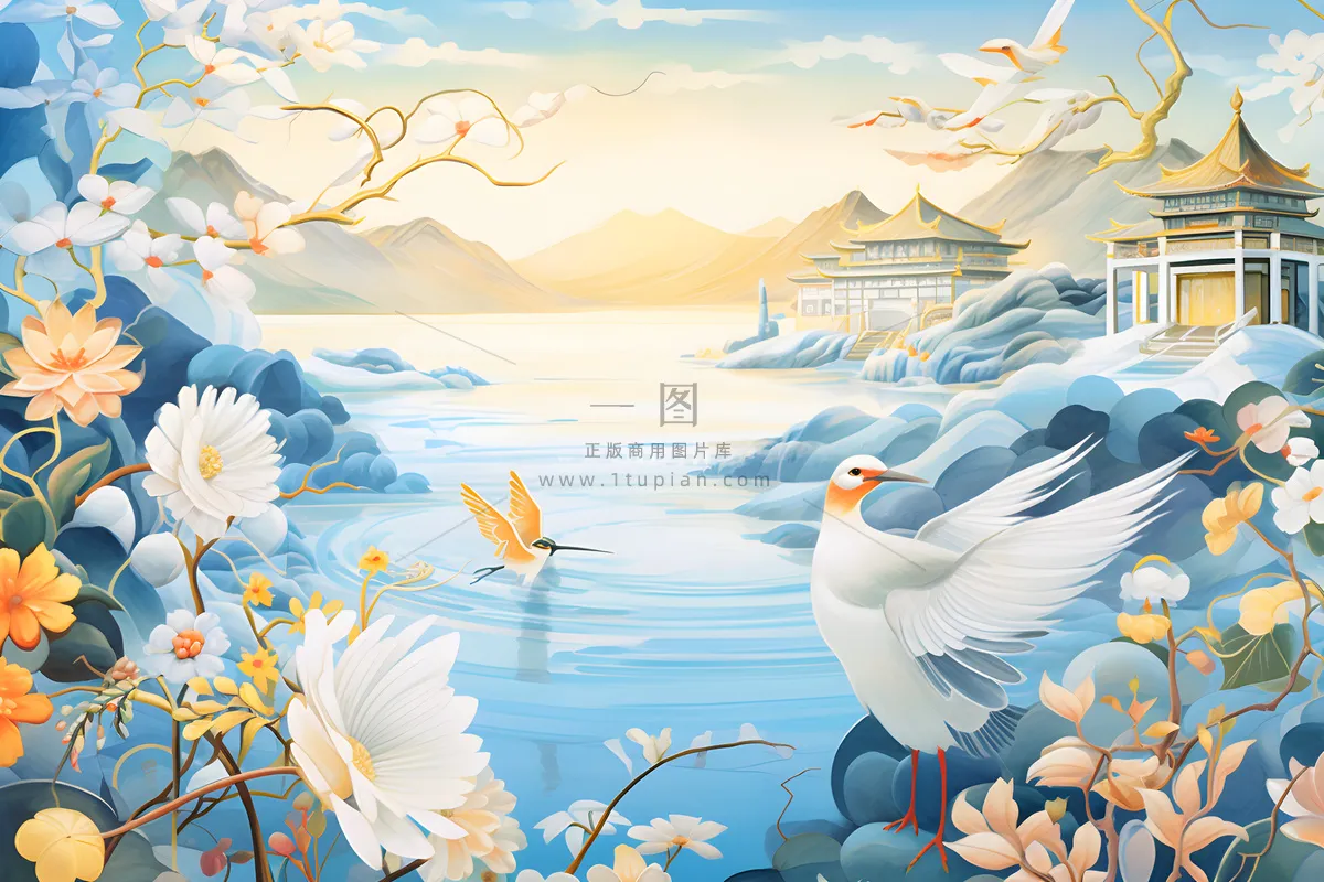 国潮建筑蓝色插画背景