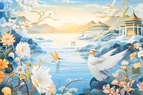 国潮建筑蓝色插画背景 国潮建筑蓝色插画背景