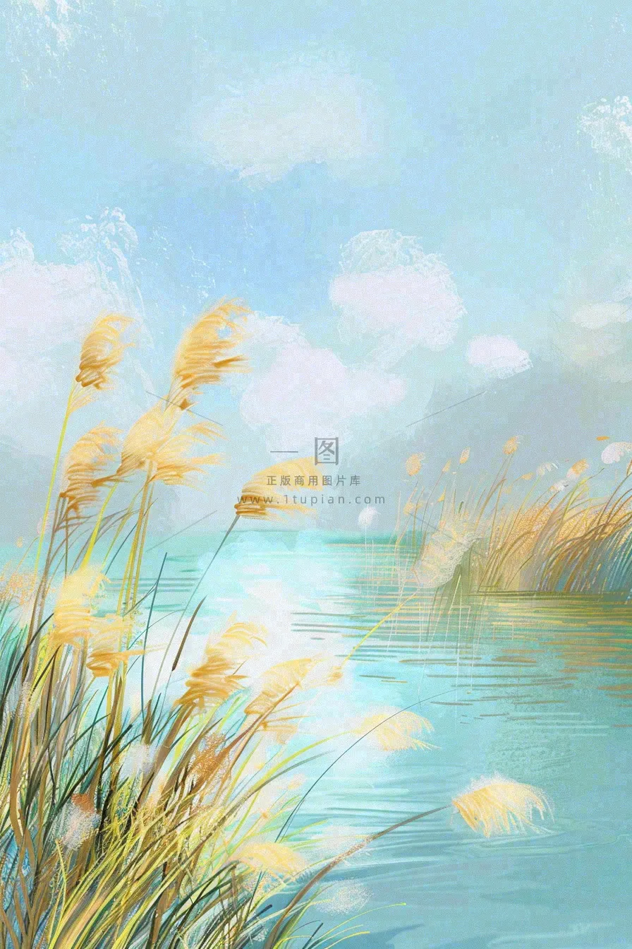 水彩芦苇荡山水画古风中国风白露插画寒露处暑背景