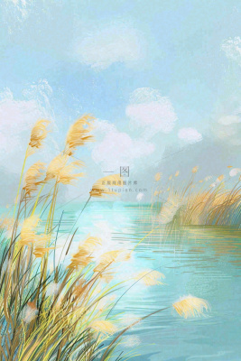 水彩芦苇荡山水画古风中国风白露插画寒露处暑背景 水彩芦苇荡山水画古风中国风白露插画寒露处暑背景