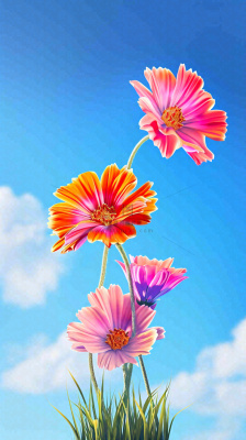 春天蓝天白云草坪鲜花，五彩缤纷鲜艳摄影图