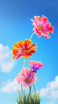 春天蓝天白云草坪鲜花，五彩缤纷鲜艳摄影图