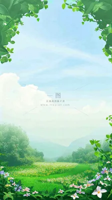 春天郊外露营旅行山脉蓝天白云草坪草地花丛，清新自然，惊蛰春分