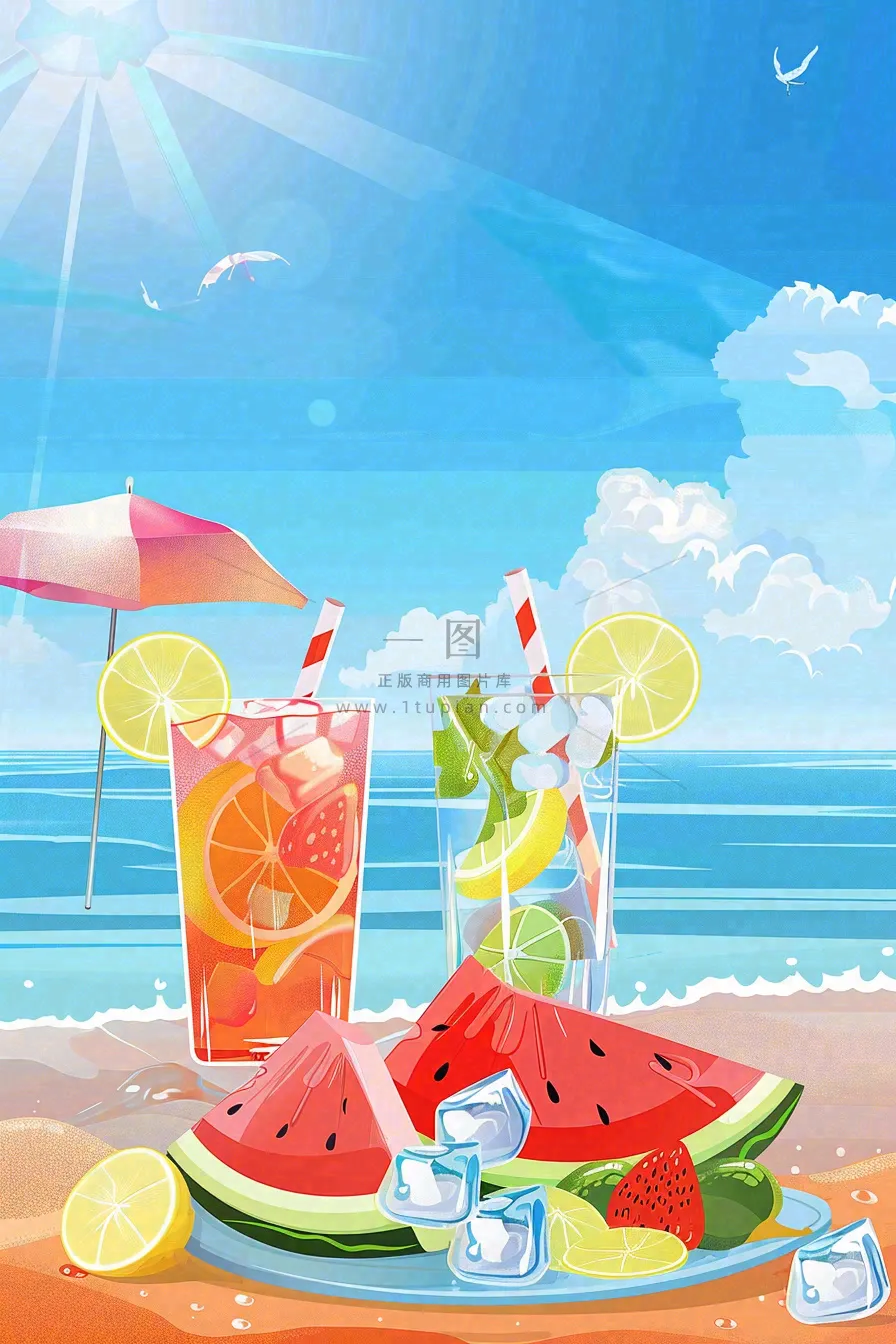 炎热夏日冰镇饮料饮品西瓜汁海边沙滩蓝天白云立夏夏至大暑小暑处暑卡通插画背景