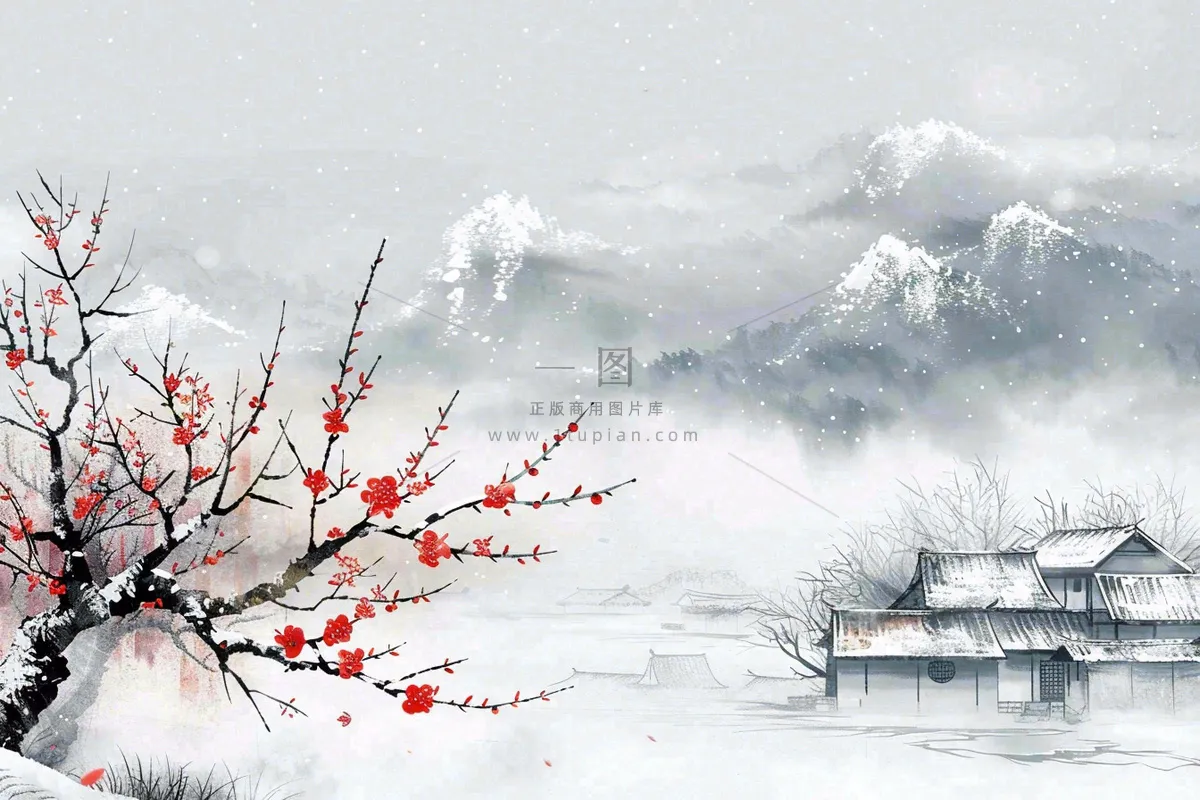 冬天山林里的小村庄红梅花白雪覆盖国风水墨画立冬冬至小雪大雪插画