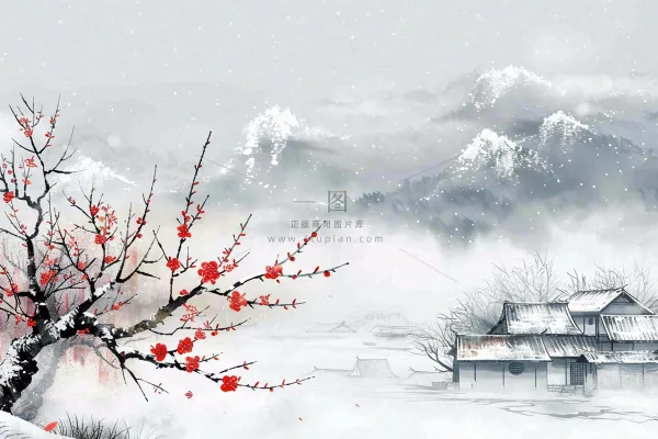 冬天山林里的小村庄红梅花白雪覆盖国风水墨画立冬冬至小雪大雪插画 冬天山林里的小村庄红梅花白雪覆盖国风水墨画立冬冬至小雪大雪插画