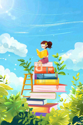 坐着书本课本堆砌上学习的学生孩子创意世界读书日卡通插画背景 坐着书本课本堆砌上学习的学生孩子创意世界读书日卡通插画背景