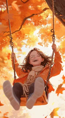 秋天浪漫秋叶儿童少女荡秋千插画,秋分 秋天浪漫秋叶儿童少女荡秋千插画,秋分