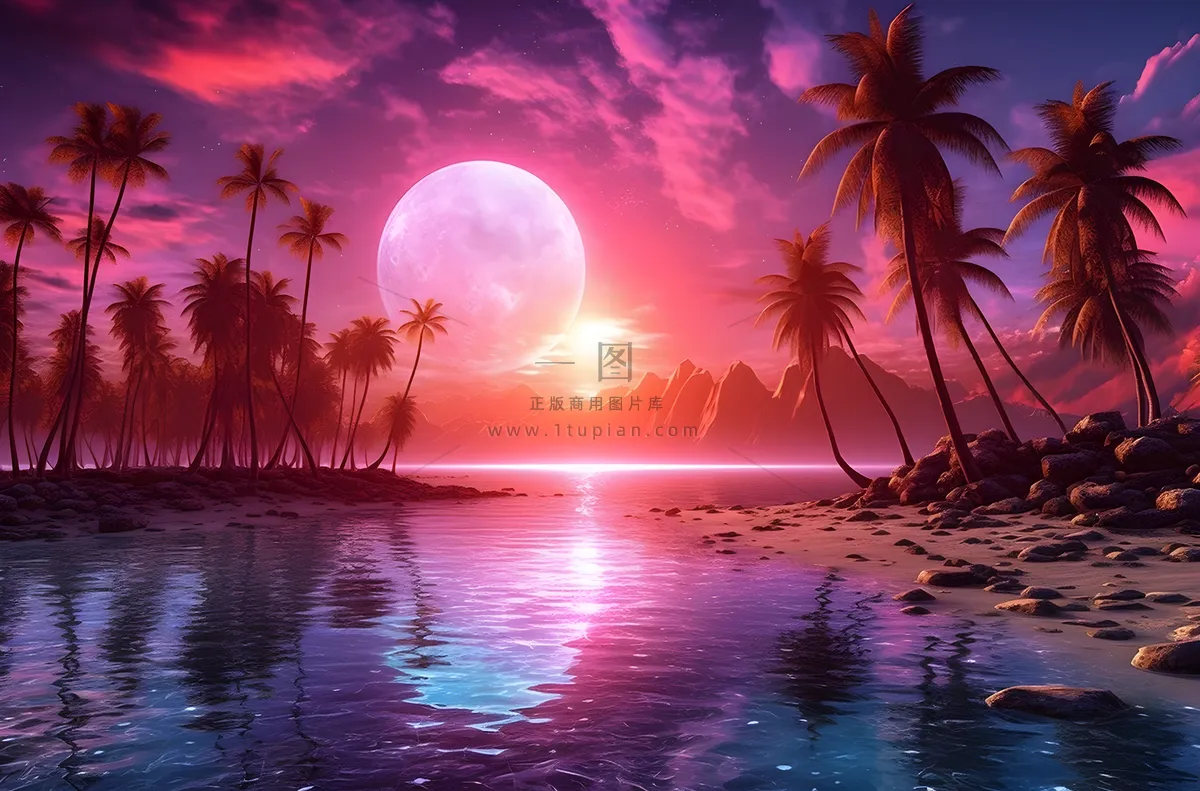 有棕榈树的海滩和清澈的海滩傍晚晚霞红色风格插画背景