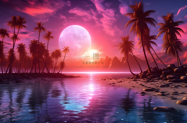 有棕榈树的海滩和清澈的海滩傍晚晚霞红色风格插画背景