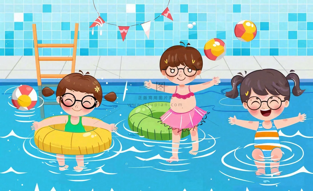 蓝色儿童夏天游泳池插画卡通夏日立夏夏至大暑小暑游泳插画背景