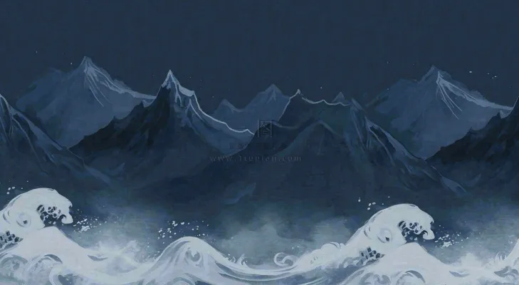 中国风意境山脉雪山海浪蓝色云层，末日暗黑恐怖