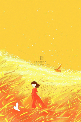 秋天金黄背景花丛红裙子少女白鹭立秋秋分白露插画背景 秋天金黄背景花丛红裙子少女白鹭立秋秋分白露插画背景