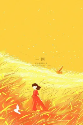 秋天金黄背景花丛红裙子少女白鹭立秋秋分白露插画背景 秋天金黄背景花丛红裙子少女白鹭立秋秋分白露插画背景