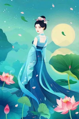 夏天古风国风古装少女荷花莲花池塘夜晚赏月夏至处暑中秋插画背景 夏天古风国风古装少女荷花莲花池塘夜晚赏月夏至处暑中秋插画背景