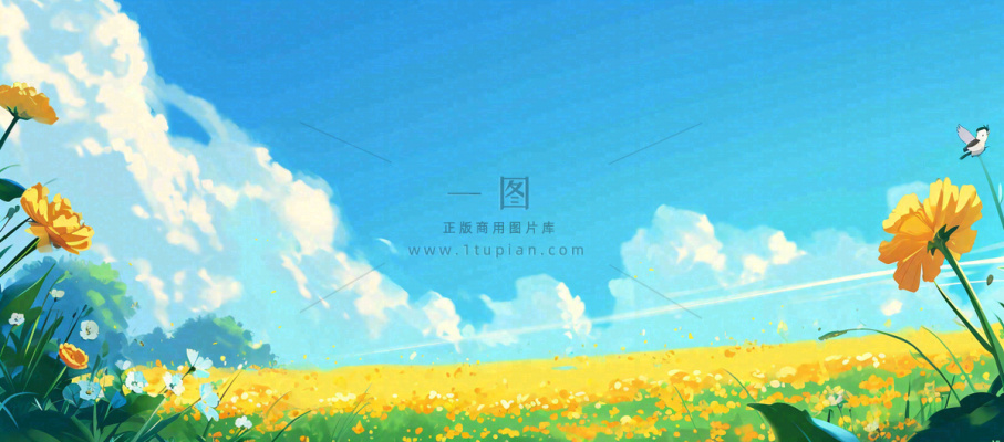 春日草地鲜花清新郊外草坪蓝天白云，春分